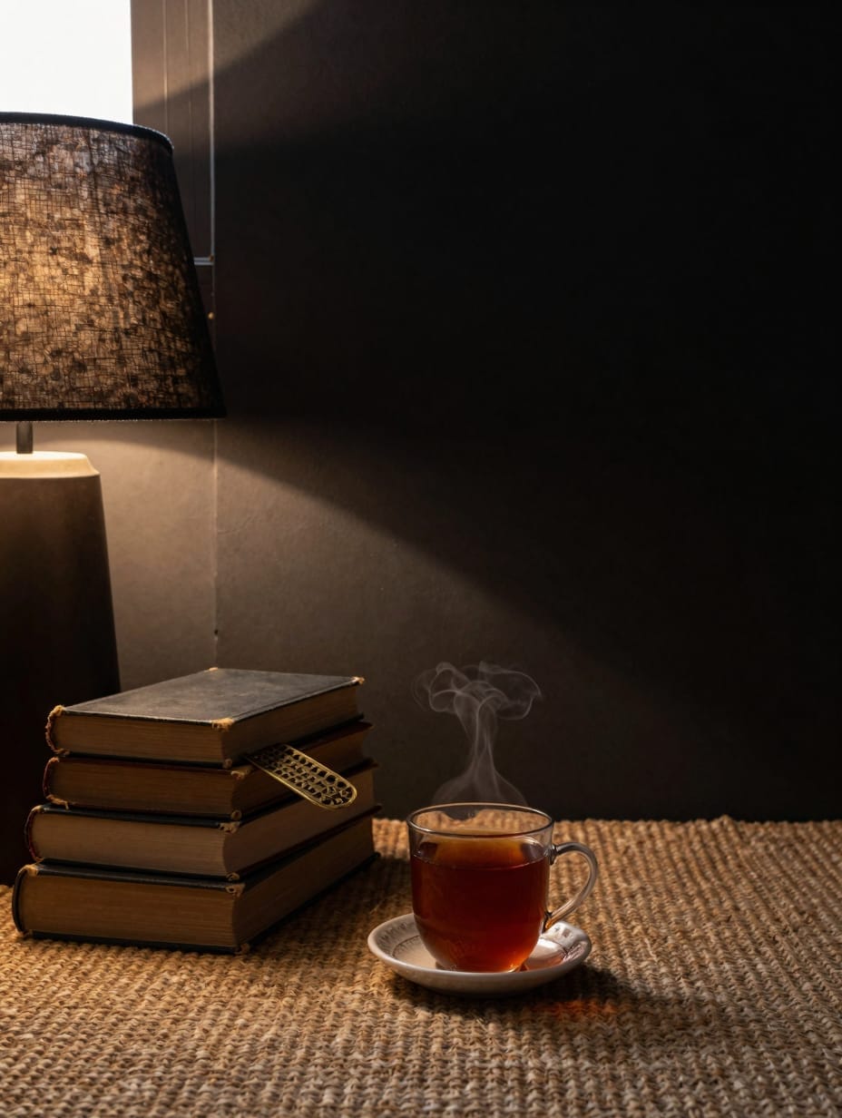 Bedroom with a vintage table lamp and a dark fabric lampshade casting a warm glow.