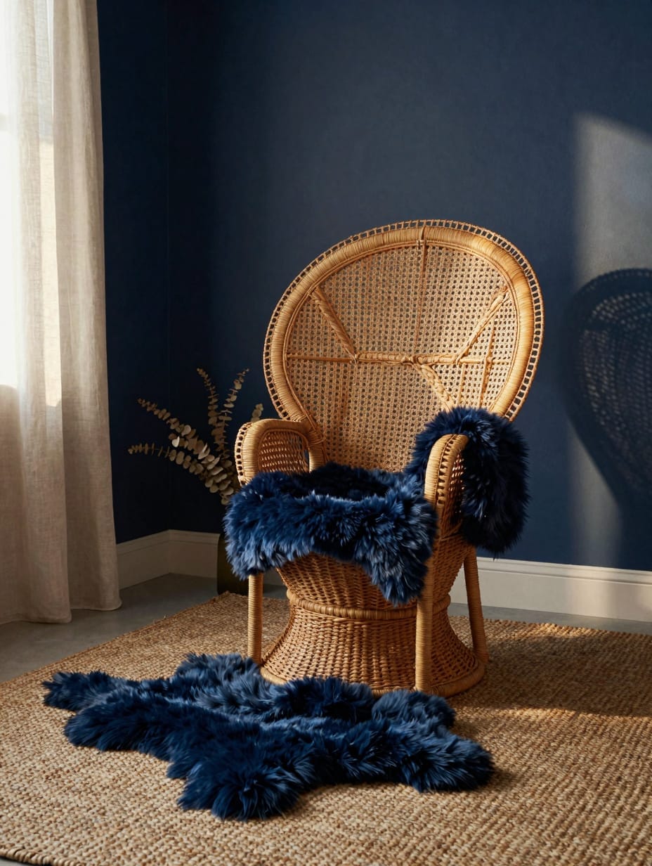Woven rattan headboard against a deep indigo blue wall with white patterned boho pillows.