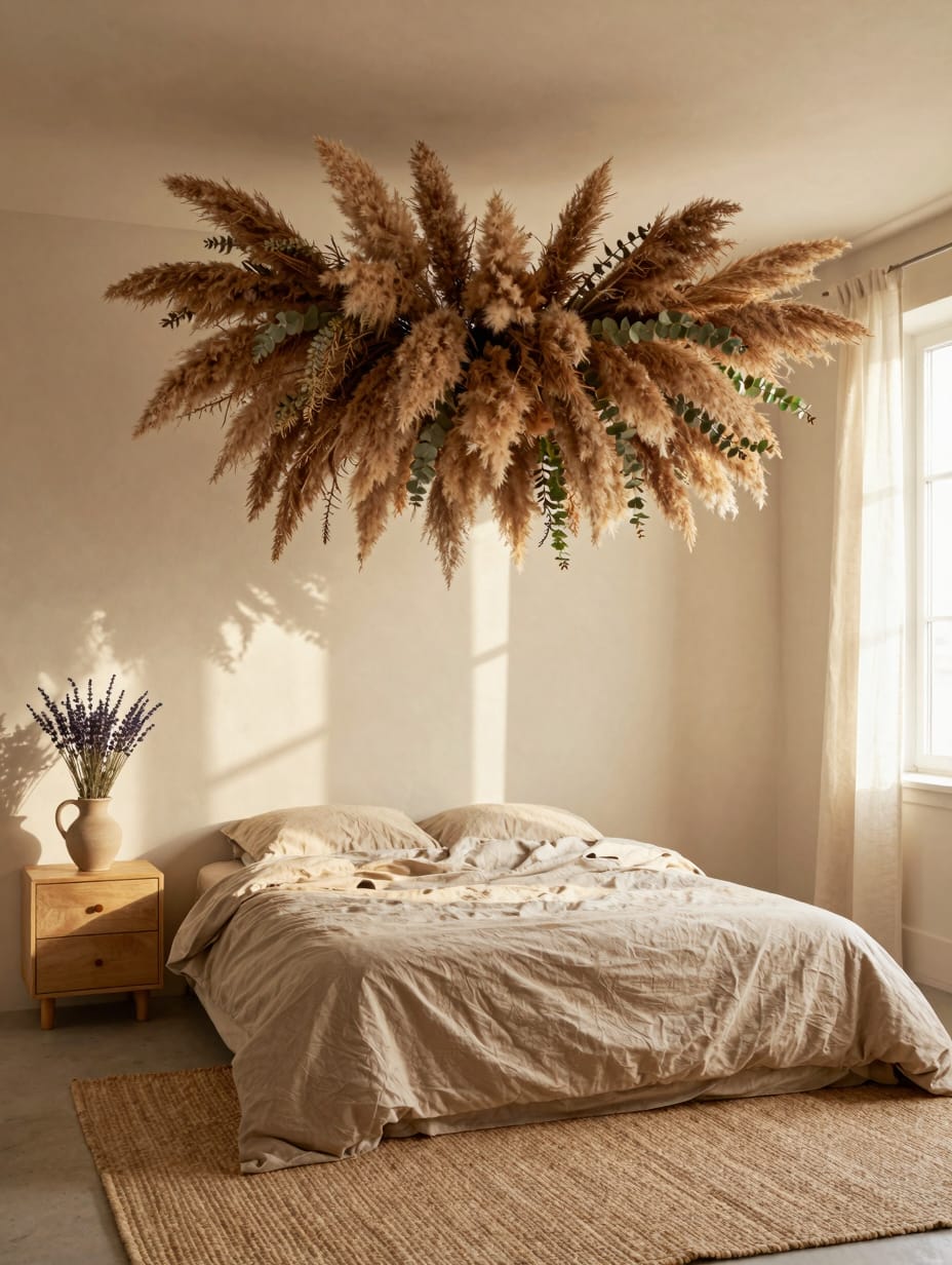 Tall vase of dried pampas grass and lavender in a bedroom with earthy tones.