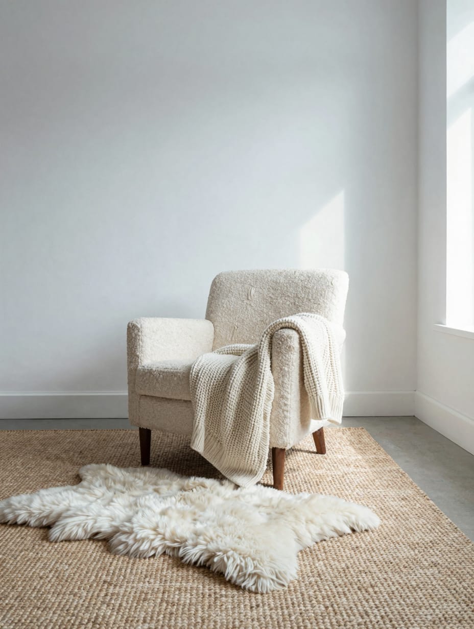 Eclectic living room rich in layered textures, including various fabrics and natural materials.
