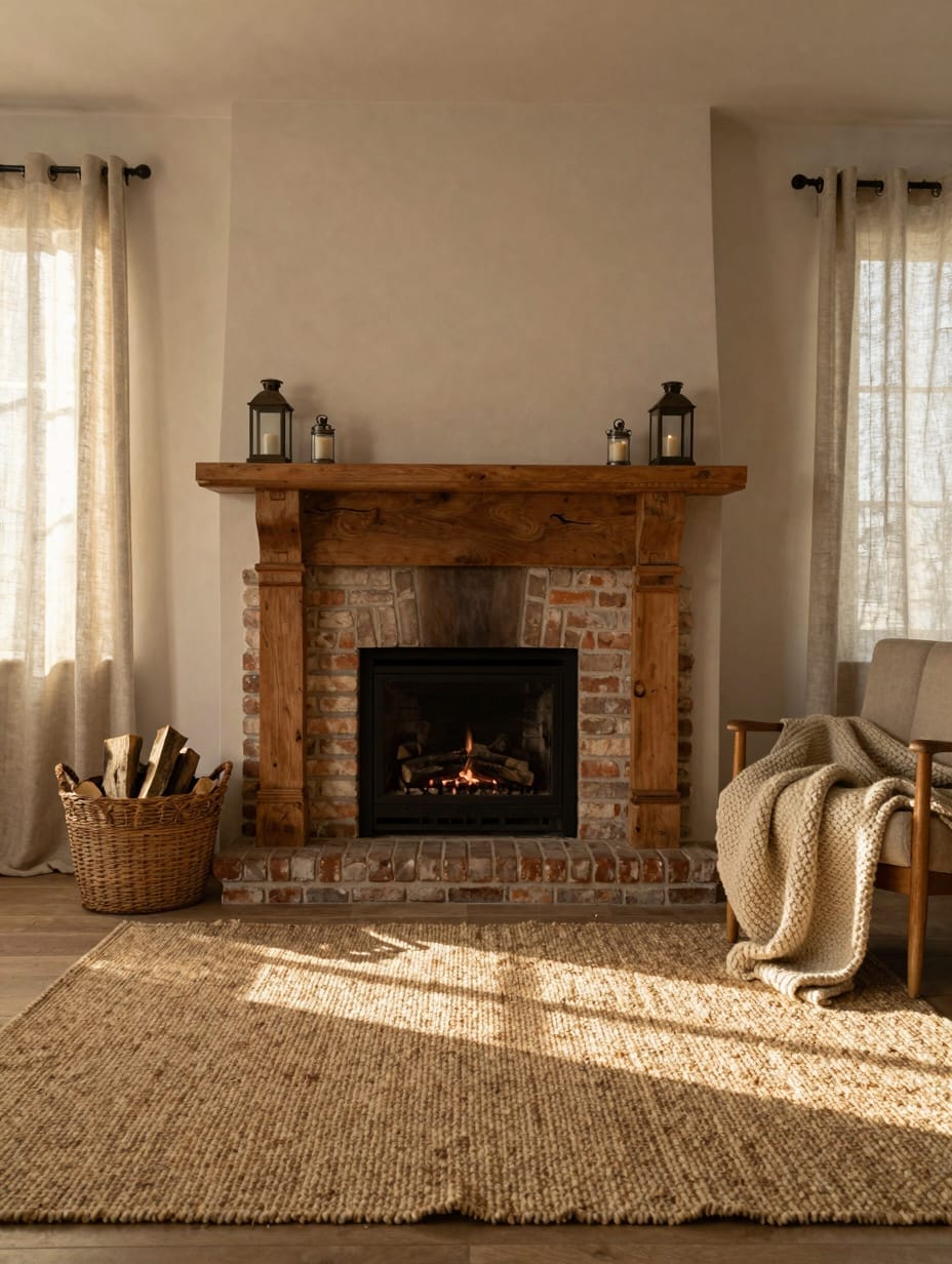 A rustic brick fireplace with a weathered wooden mantel and a plush sheepskin rug on the hearth.