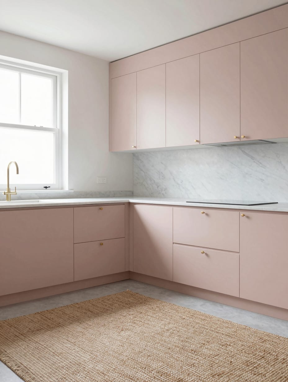 Contemporary kitchen featuring soft blush pink cabinets and light wood floors
