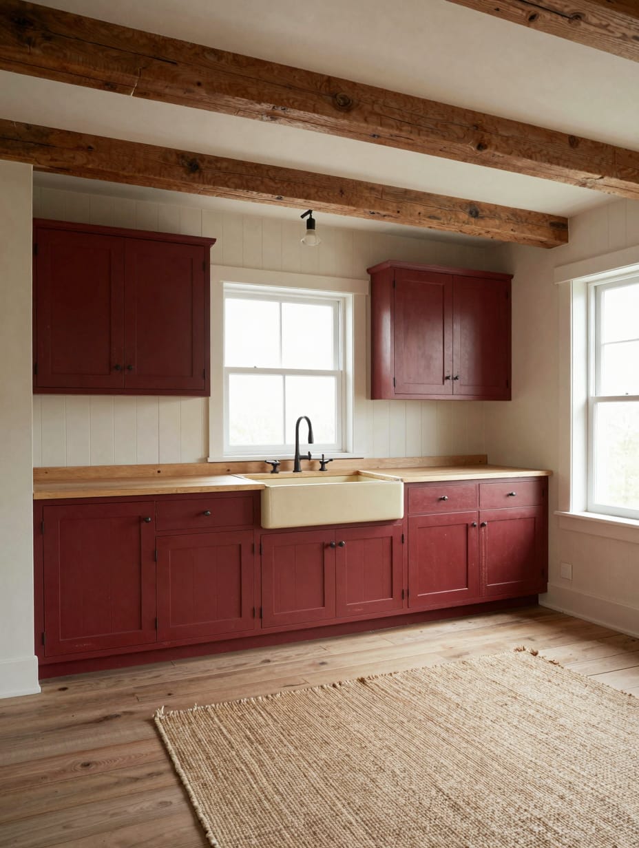 A farmhouse kitchen with barn red walls and cream cabinets, featuring a vintage wall clock.