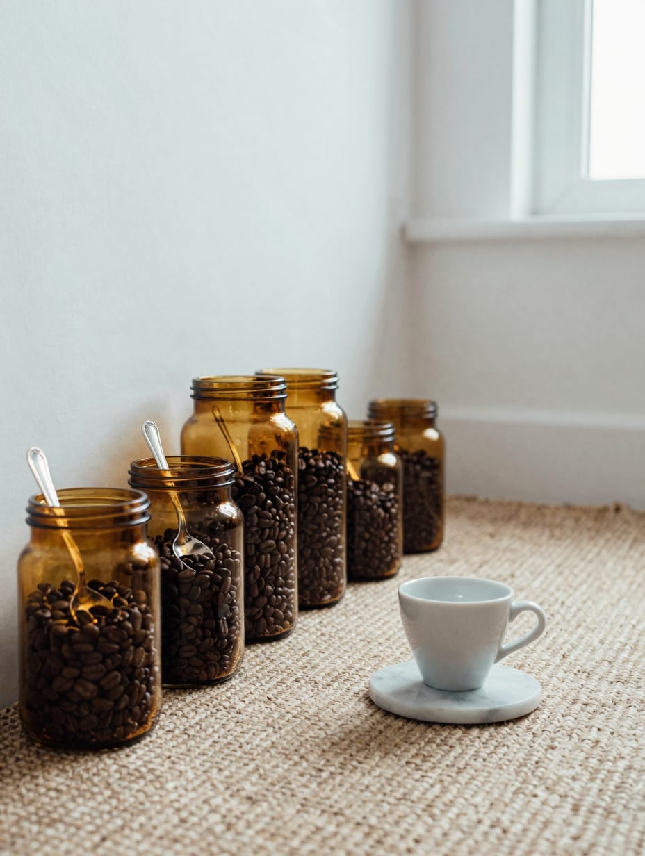 Amber glass jars filled with coffee beans on a black tray on a kitchen island.