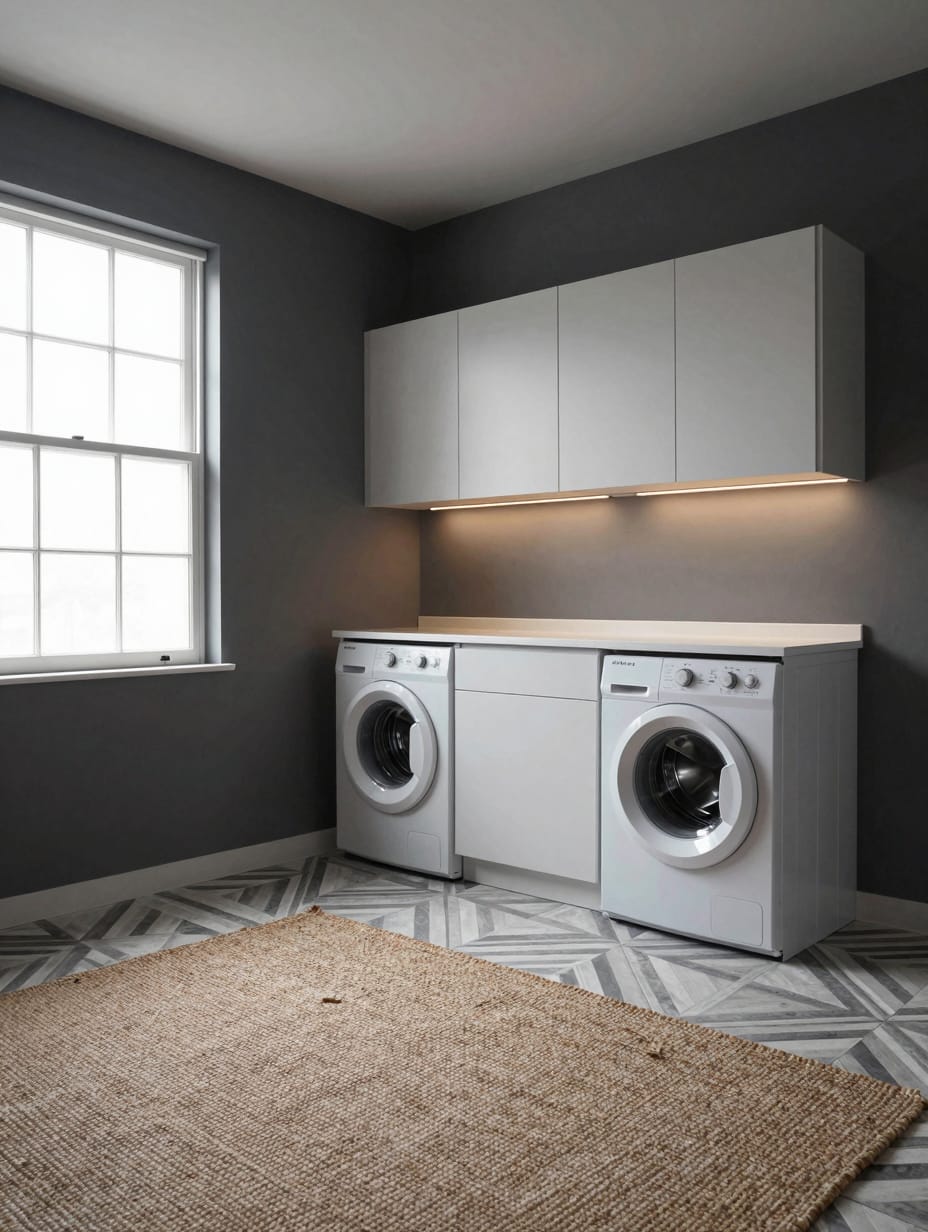 Matte slate grey cabinets with black hardware in a modern laundry room.
