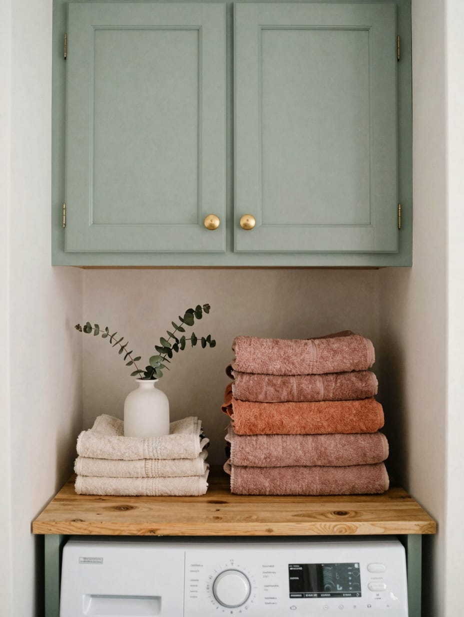 A freshly painted white laundry room remodel featuring shaker-style cabinets with new brass pulls, enhancing the utility s...