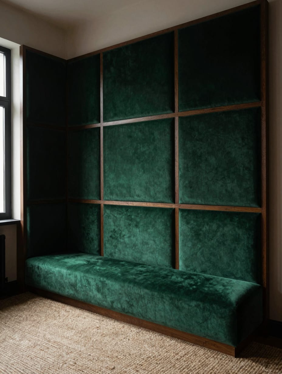 Deep emerald green velvet padded wall panels in a grid pattern behind a gallery of gold frames.