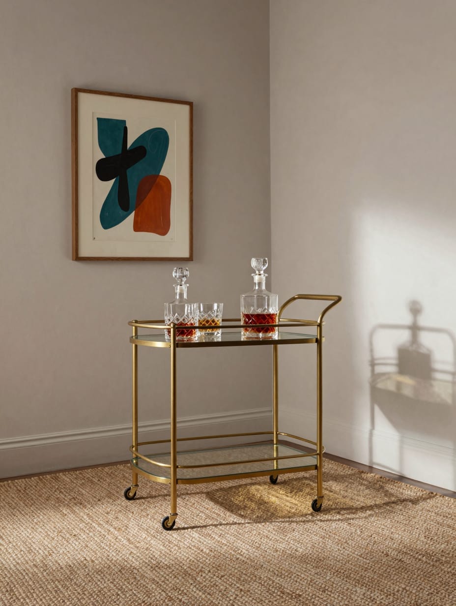 A gold and glass bar cart stocked with crystal decanters and cocktail tools.