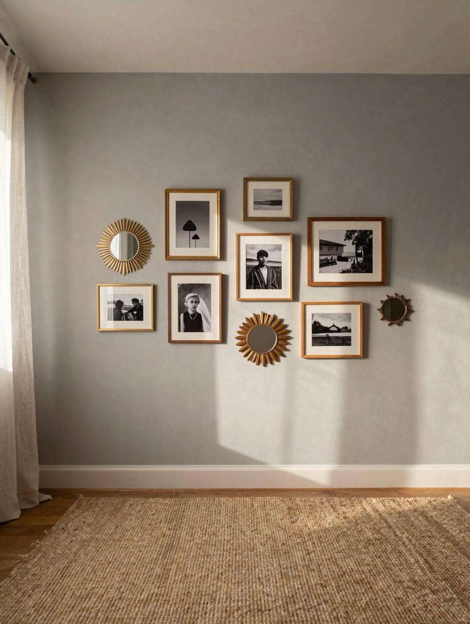 Gallery wall featuring an antique mirror integrated among various art pieces