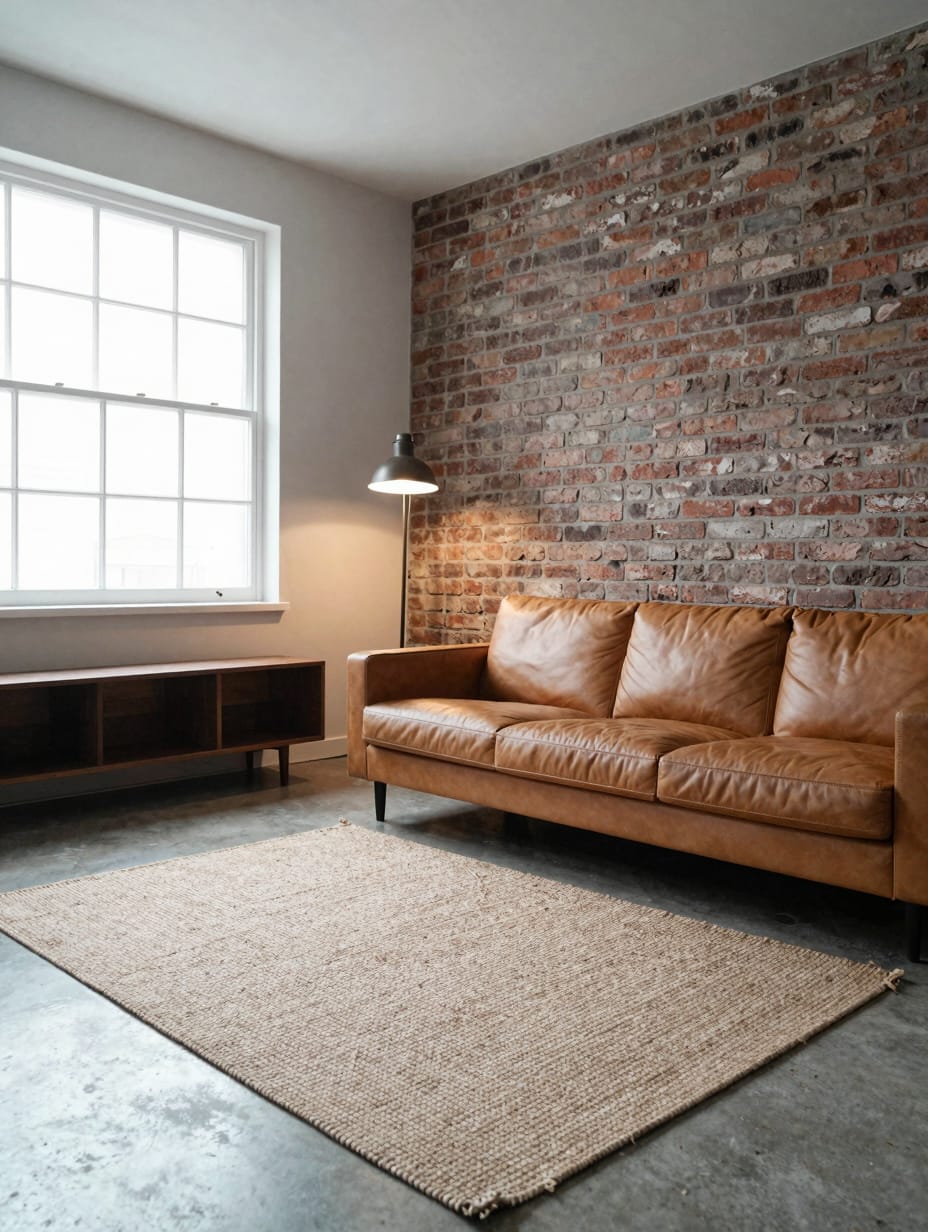A minimalist living room incorporating earthy warmth through wood furniture, terracotta accents, and a warm-toned throw.