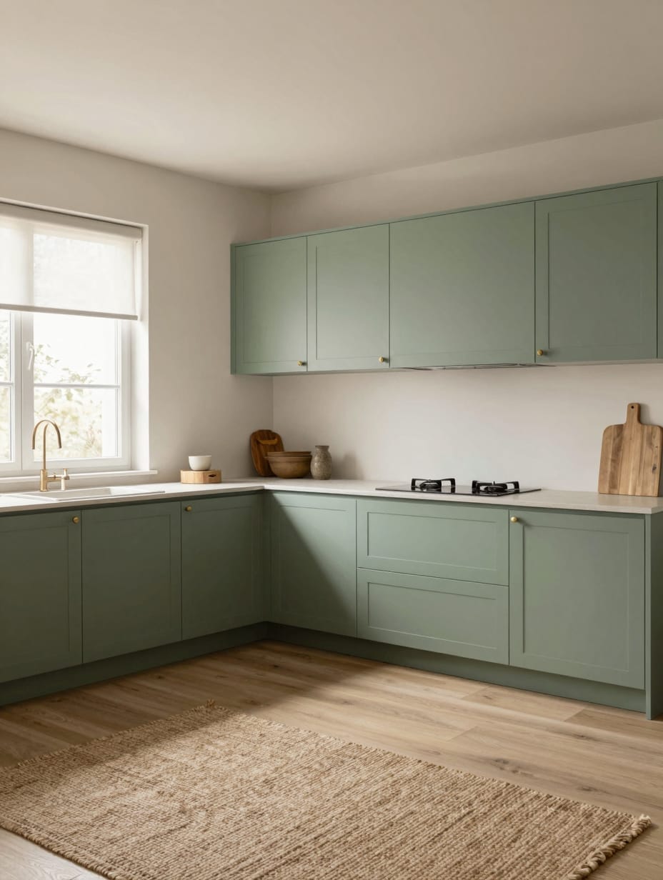 Kitchen cabinets painted in a tranquil sage green with a light wood countertop.