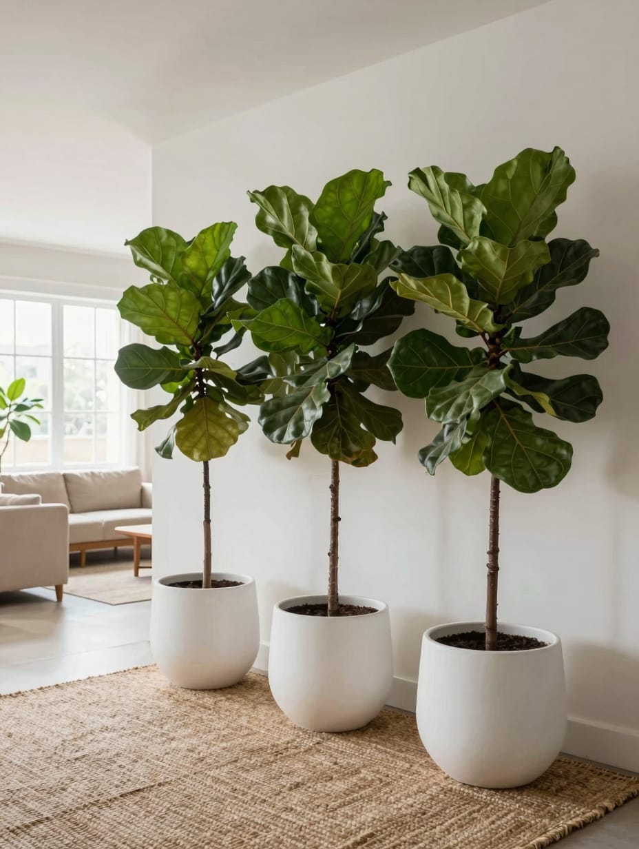 Tall indoor plants arranged in a row to create a natural screen between two rooms.
