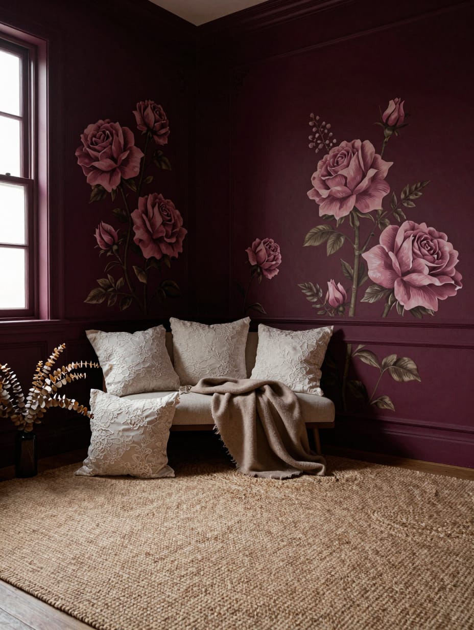A dramatic Victorian gothic bedroom featuring dark rose pattern wallpaper, heavy drapes, and antique furniture.