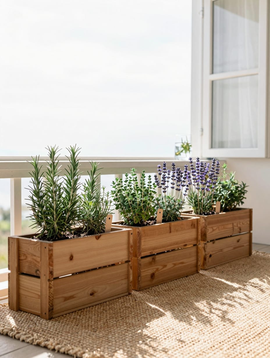 Assortment of potted culinary herbs like rosemary and basil on a sunny porch.