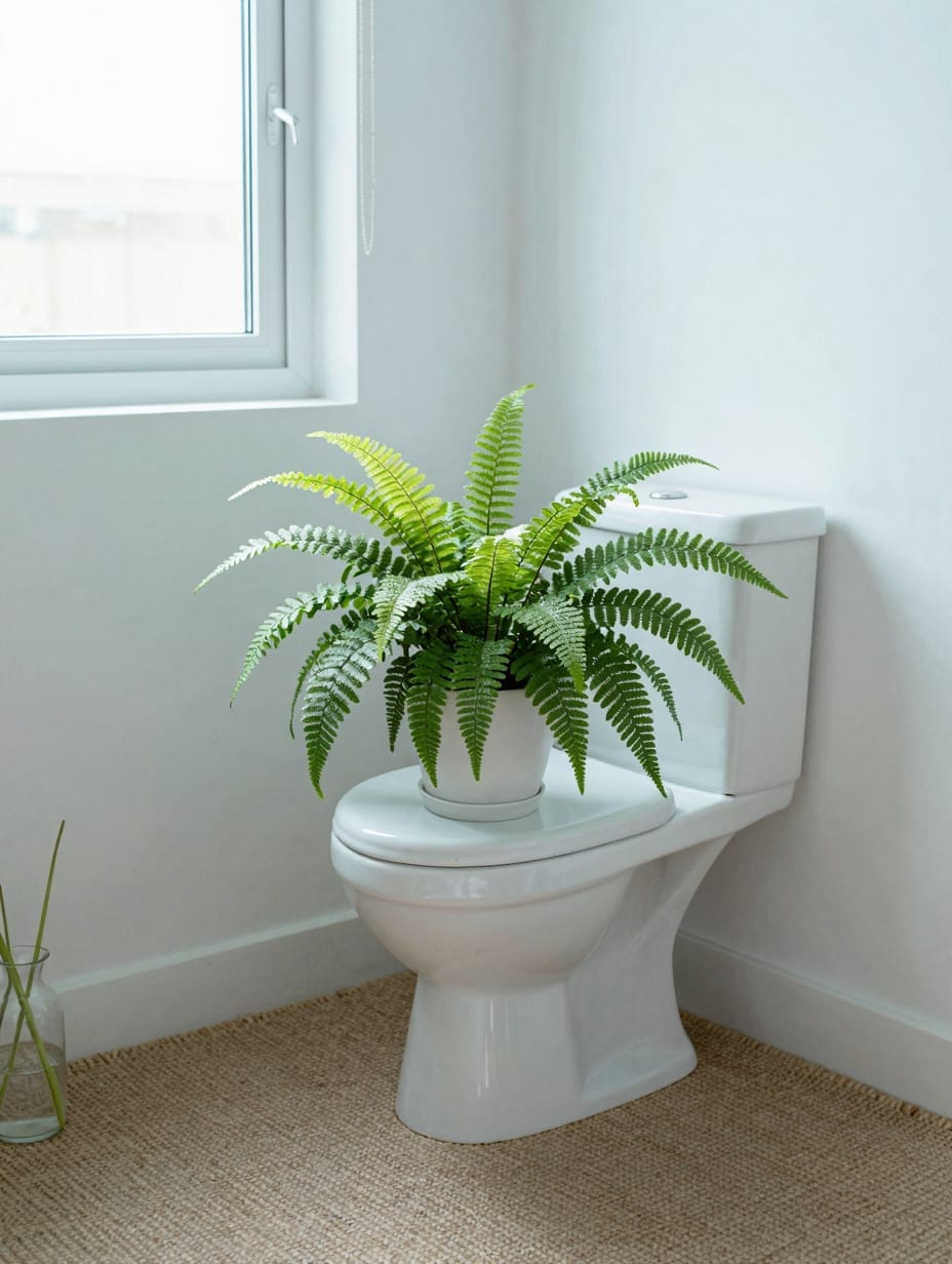 A small potted fern plant sitting on a powder room vanity next to a sink.