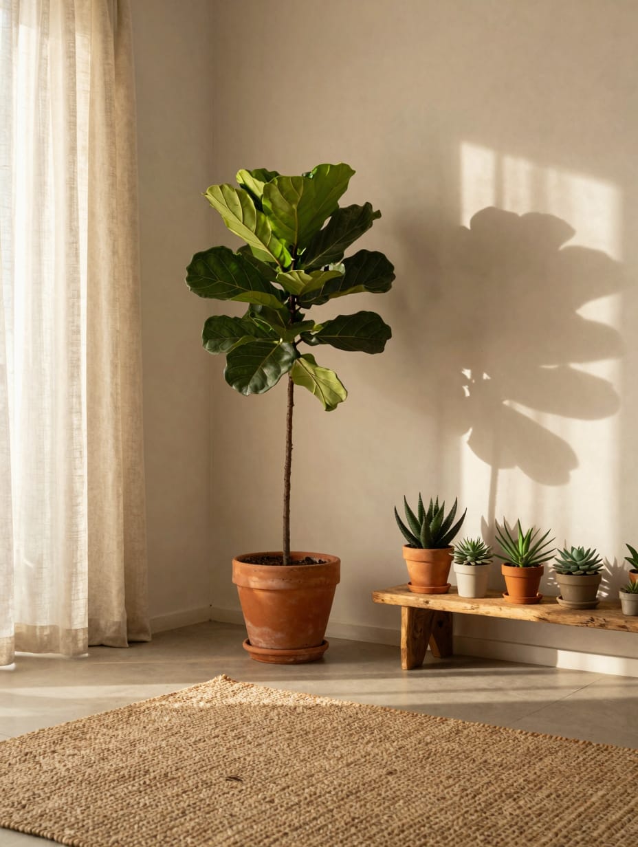 Various potted green plants, including ferns and ivy, displayed in a rustic living room, adding natural elements.