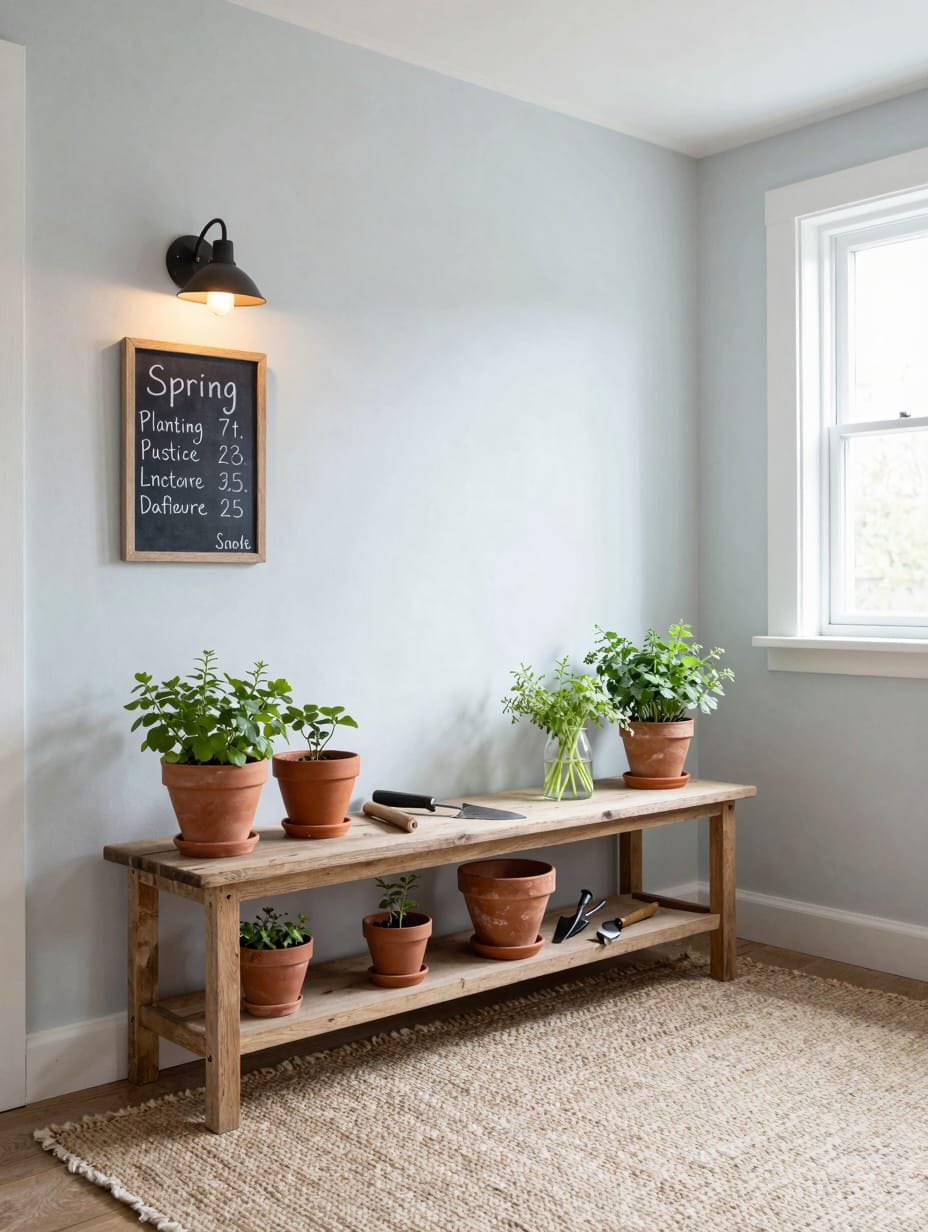 A rustic wooden potting bench with terracotta pots and metal tools against a shed wall.