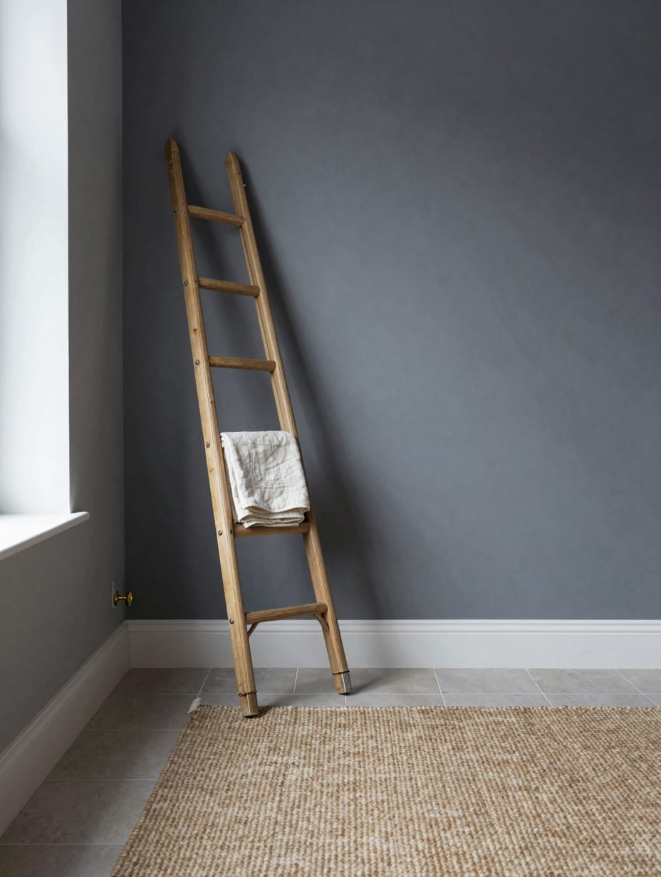 Bamboo leaning towel ladder against a light gray bathroom wall.