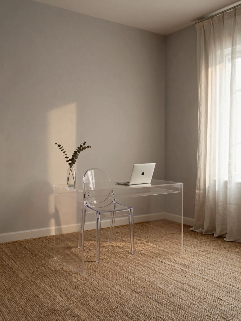 Clear acrylic chair and glass desk in a small modern bedroom.
