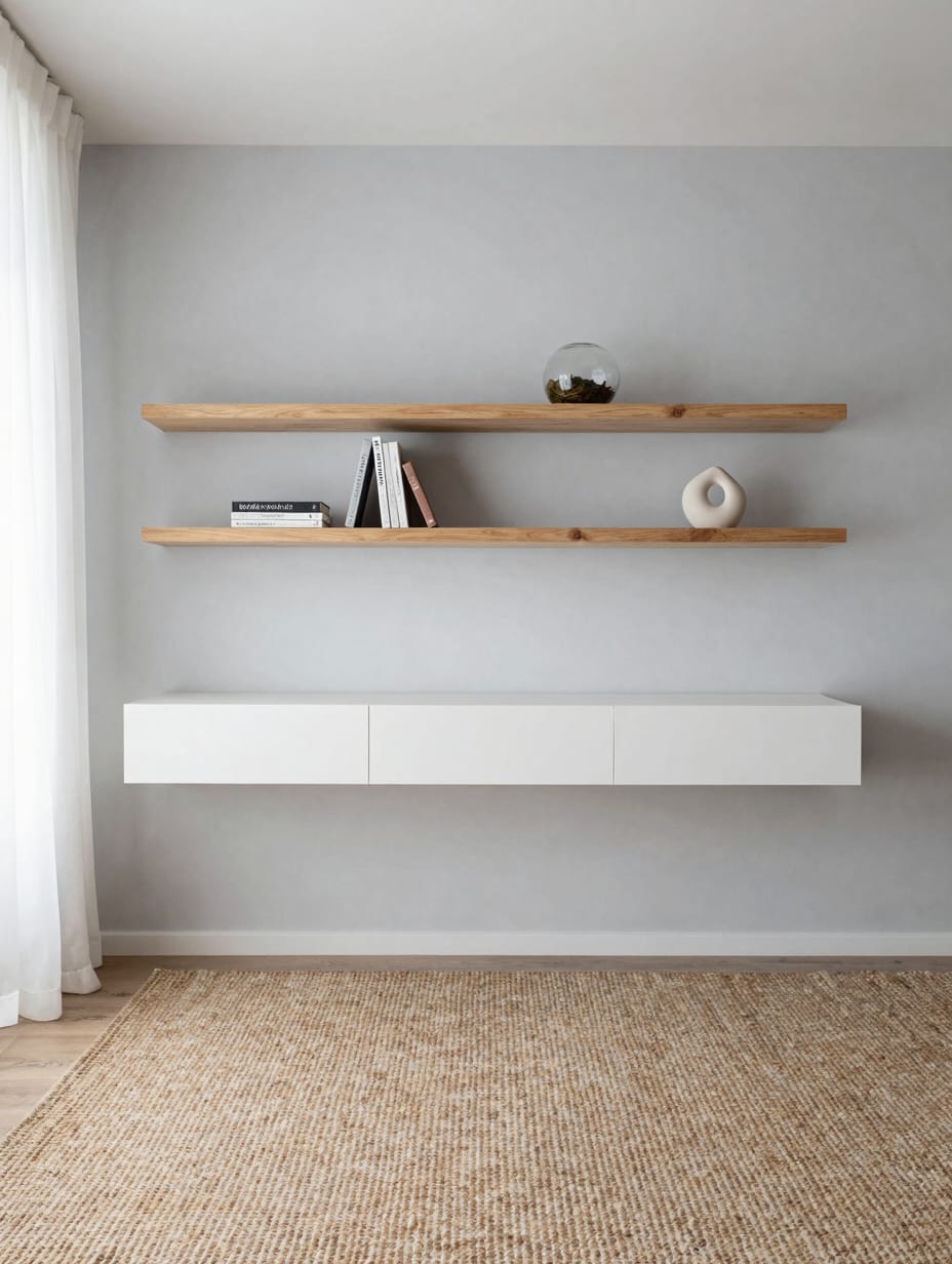 A white floating desk mounted to a light grey wall, with open shelving above, minimalist decor.
