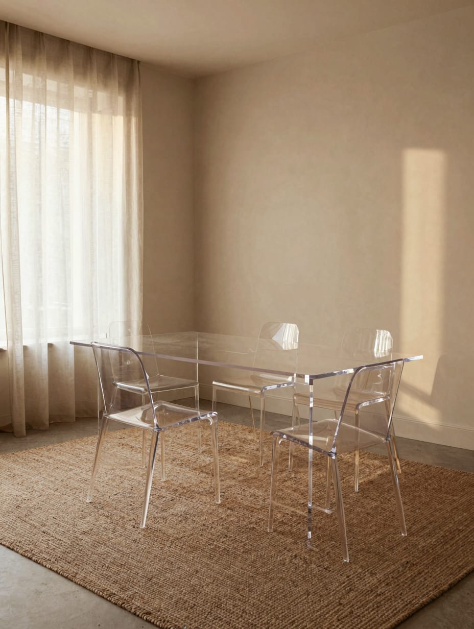 Modern living room with a clear acrylic coffee table and a light-colored rug.