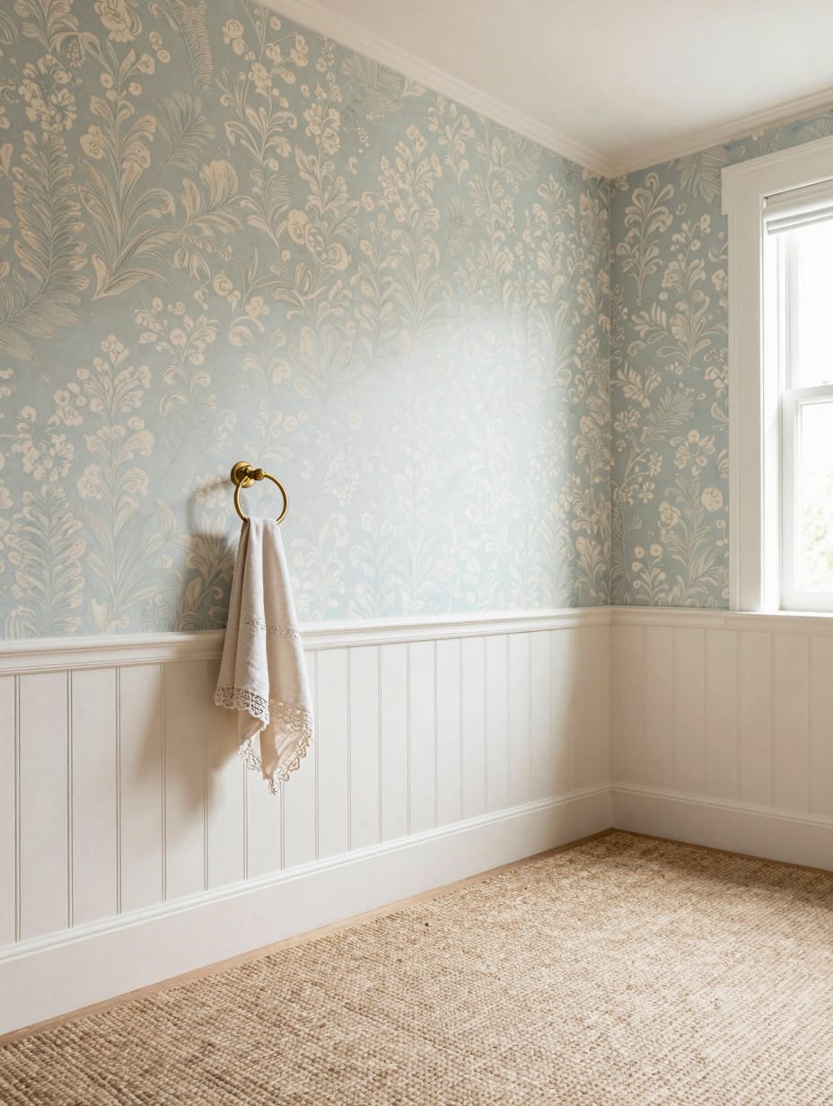 Muted floral wallpaper with roses and green leaves above white beadboard wainscoting.