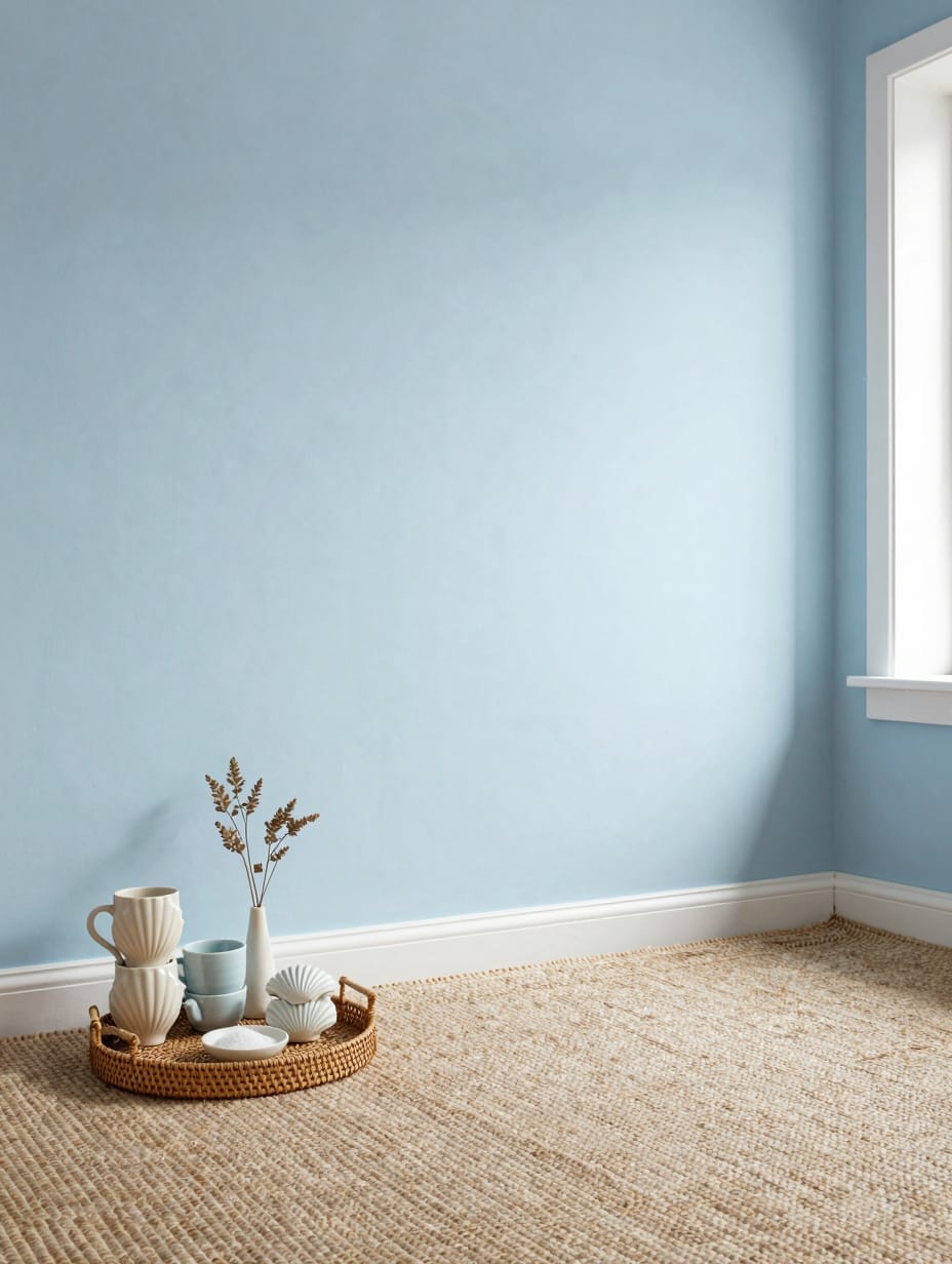 A coastal-themed spring coffee bar featuring light blue mugs, sandy-toned textures, and a decorative seashell on a light w...