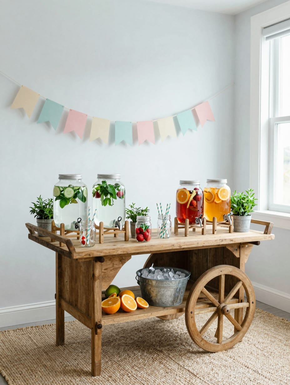 A charming garden-inspired drink station with glass dispensers, fresh fruit, and floral accents.