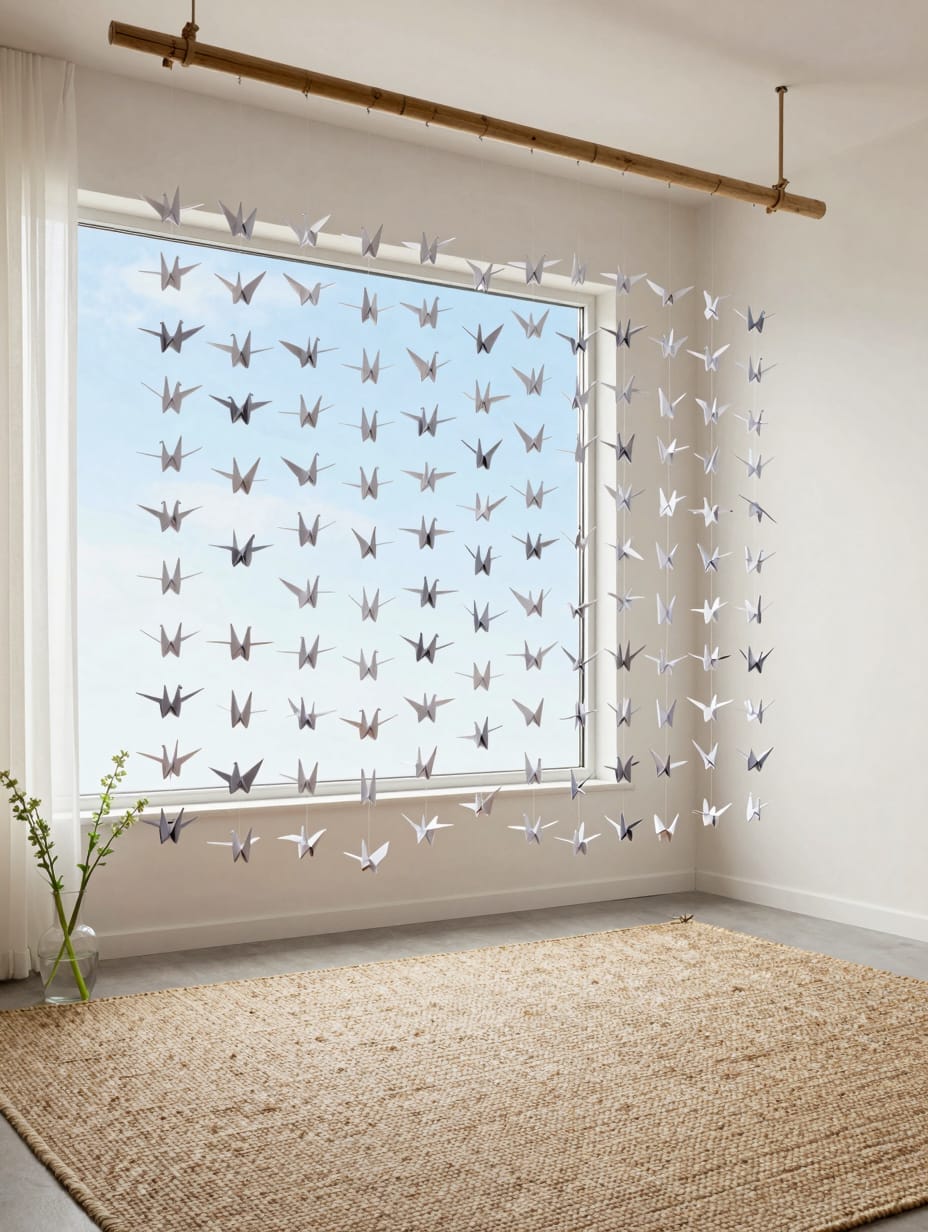 Hanging strings of white origami cranes suspended from a dark wooden ceiling beam.