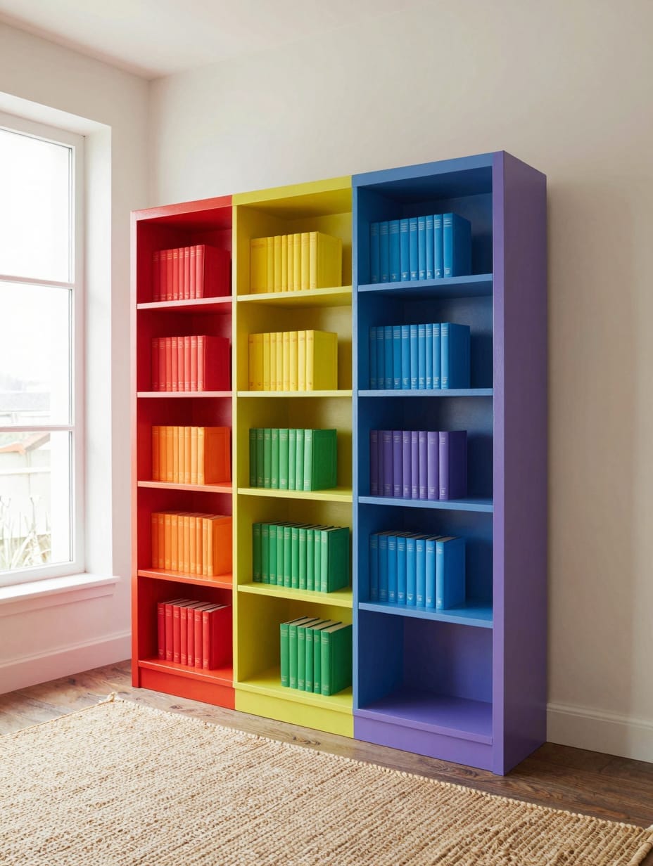 A tall, narrow bookshelf with each individual shelf painted a different bright color of the rainbow.