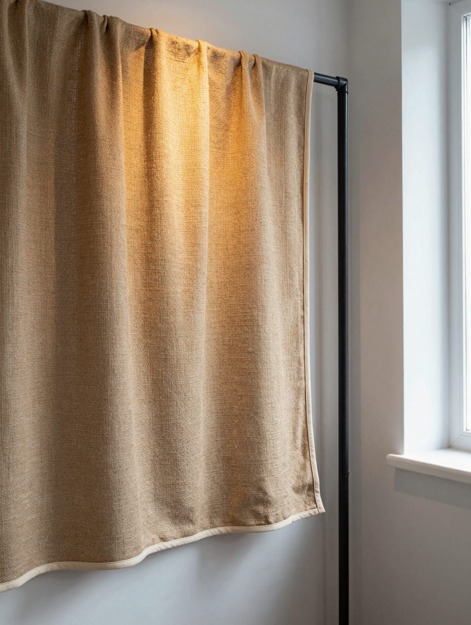 Kitchen window with a rustic burlap scalloped valance, natural light entering the space.