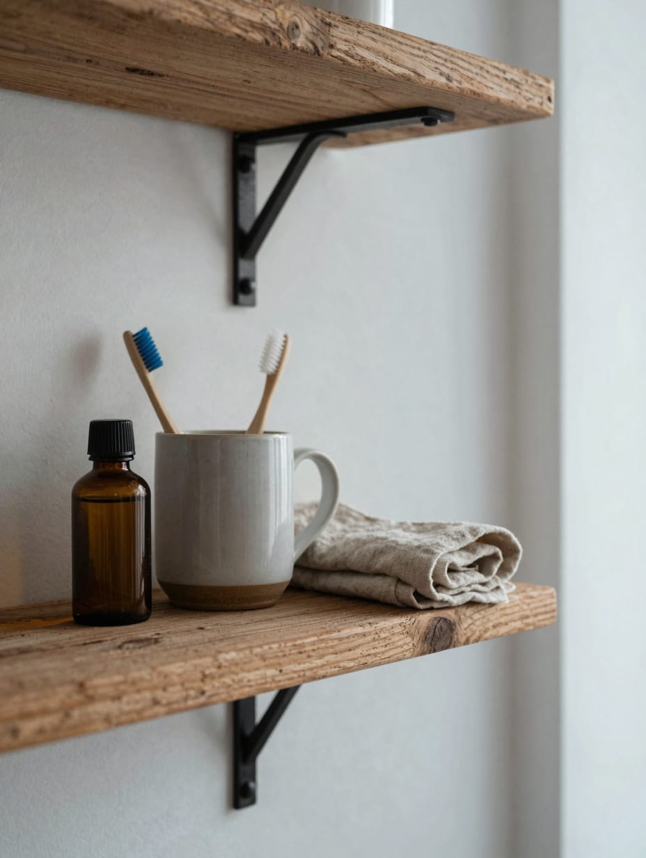 Bathroom shelf featuring rustic wooden elements, a metal container, and white towels.