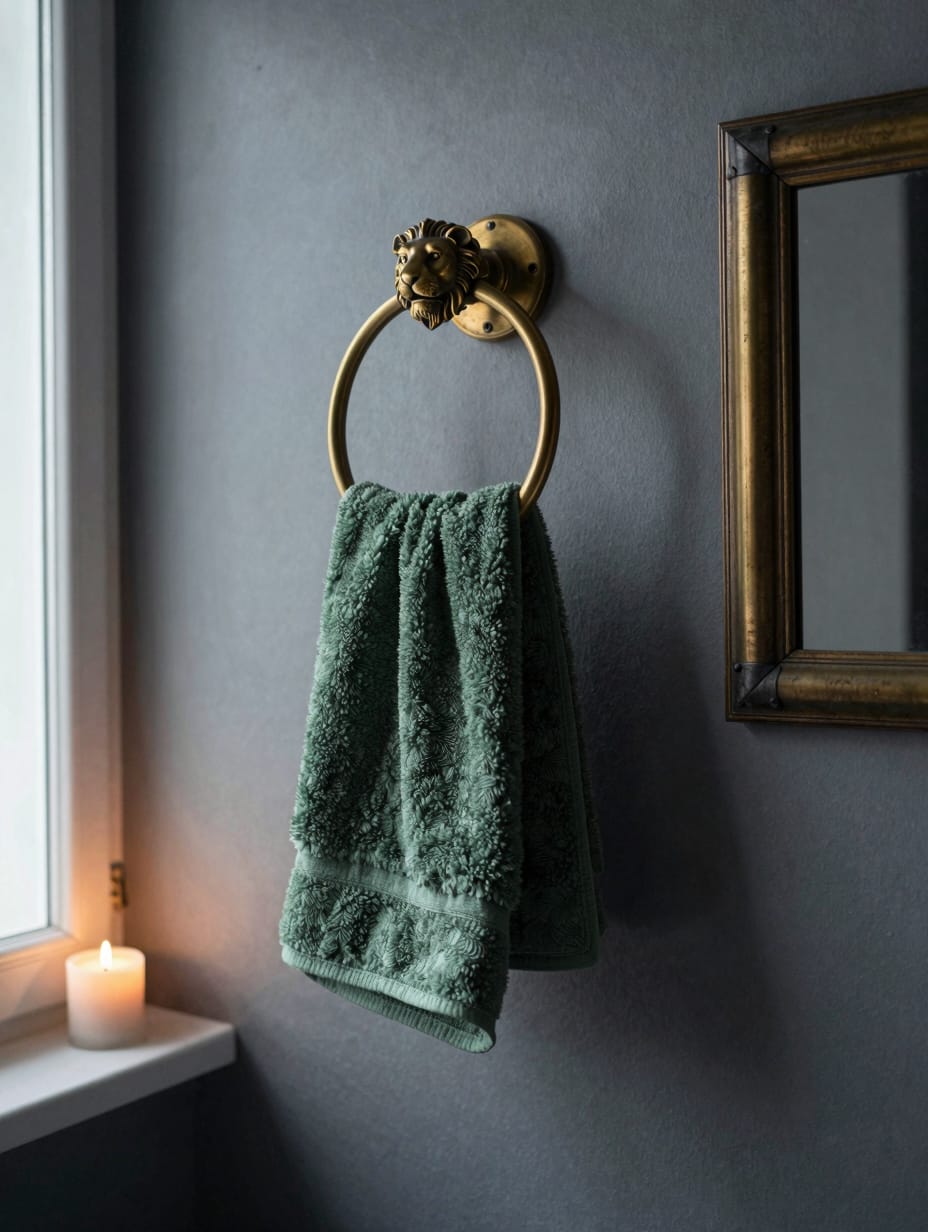 A vintage brass towel ring mounted on a dark navy wall holding a white hand towel.
