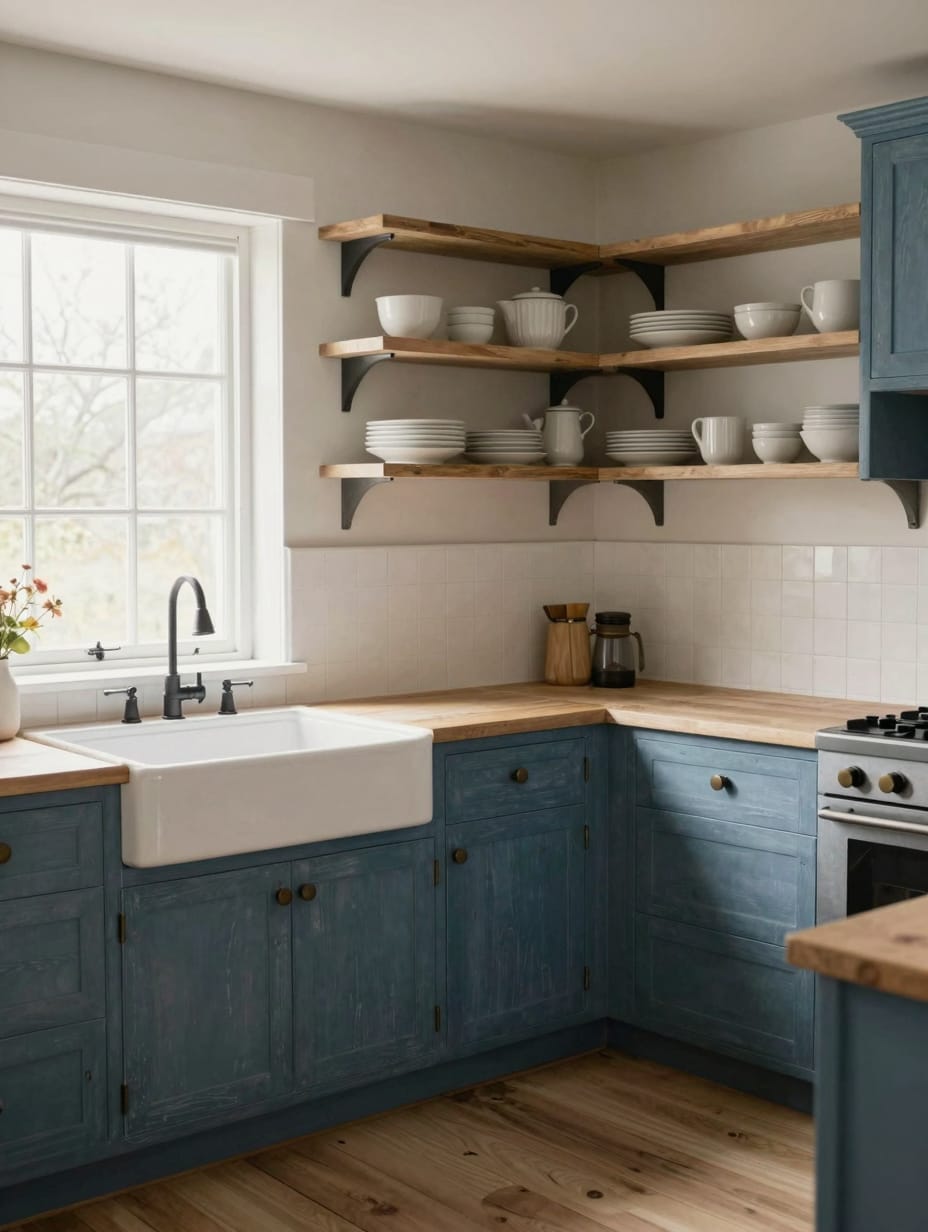 Farmhouse kitchen featuring distressed denim blue cabinets and butcher block counters.