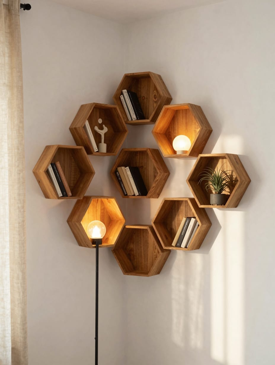 Wall adorned with several floating hexagonal bookshelves, filled with books and small plant decor.