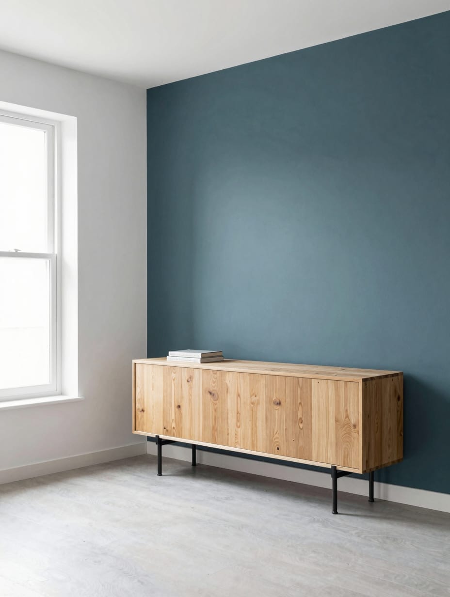 A navy blue accent wall behind a light wood console table in a modern home.