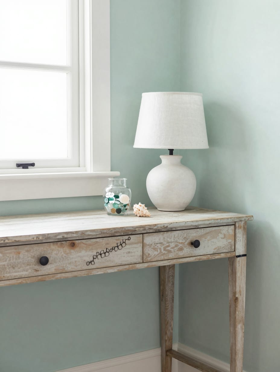 Light blue and white coastal corner desk with nautical decor and natural textures.
