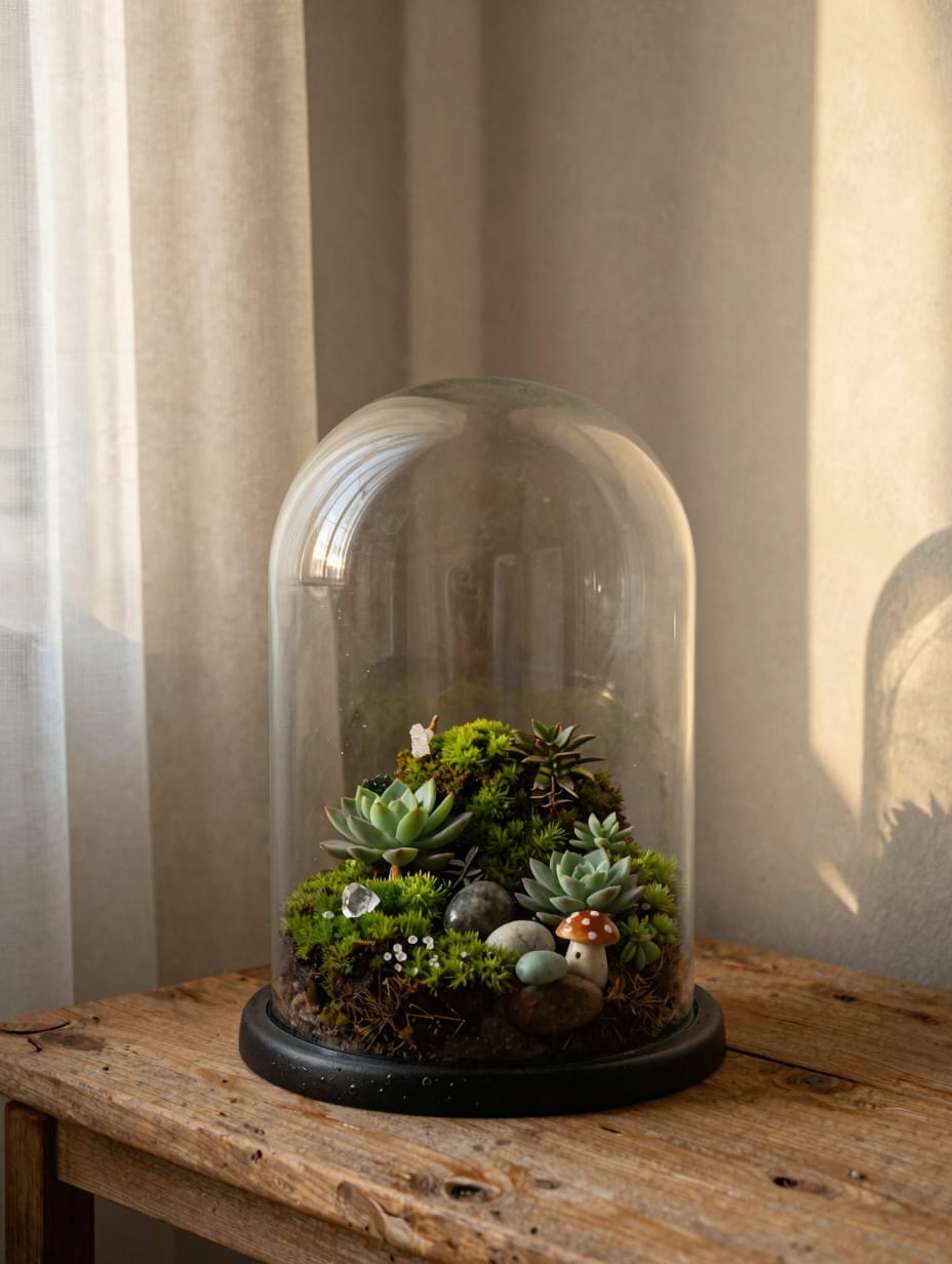 Glass terrarium centerpiece with ferns, moss, and fairy lights for a table.
