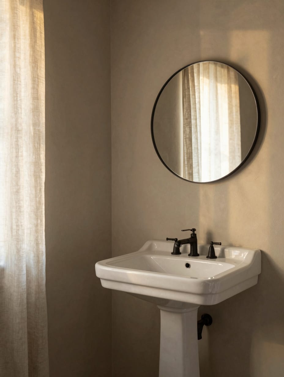 Bathroom painted in a soft, warm greige color, with matching towels.