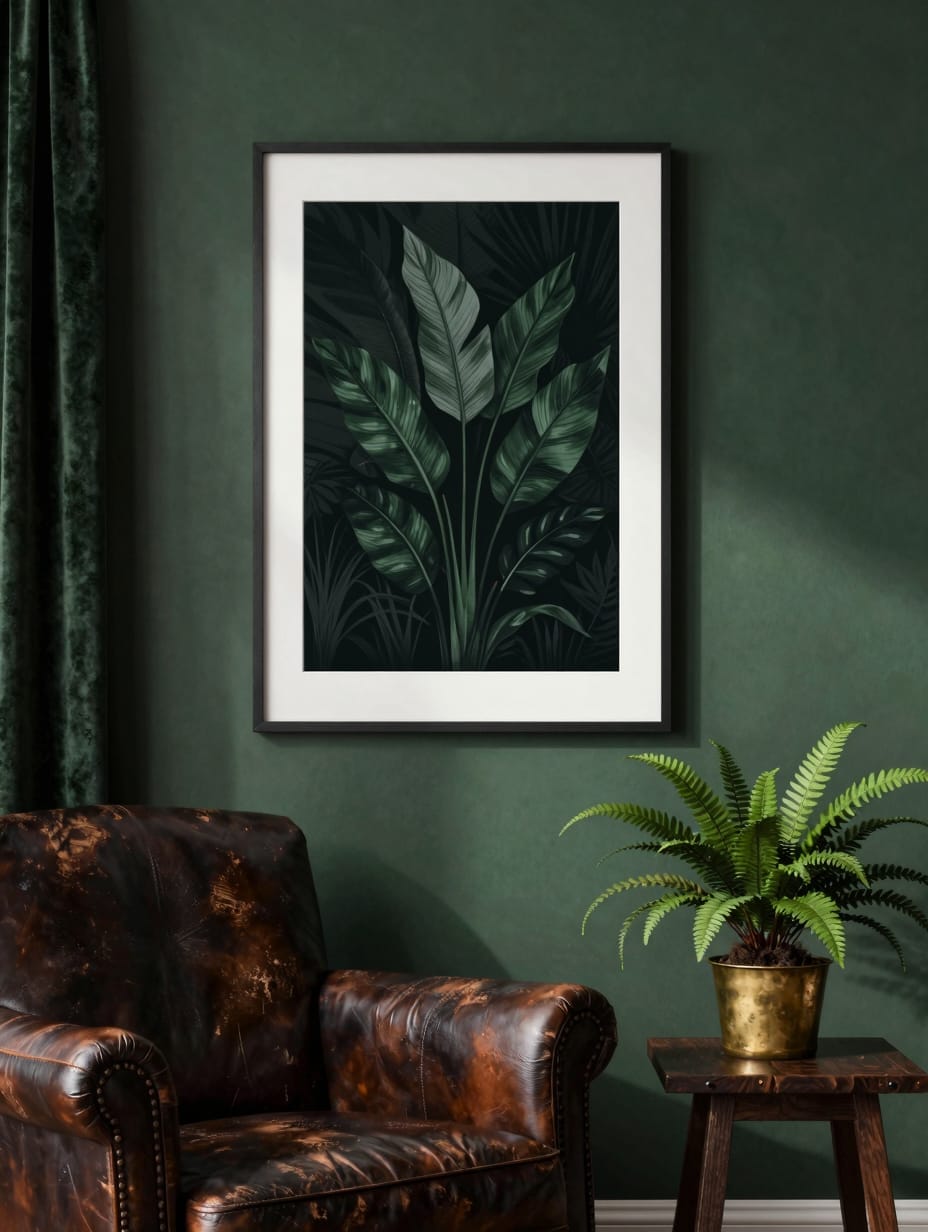 Dark bedroom with framed pressed flowers, dried botanicals, and dark wood furniture.