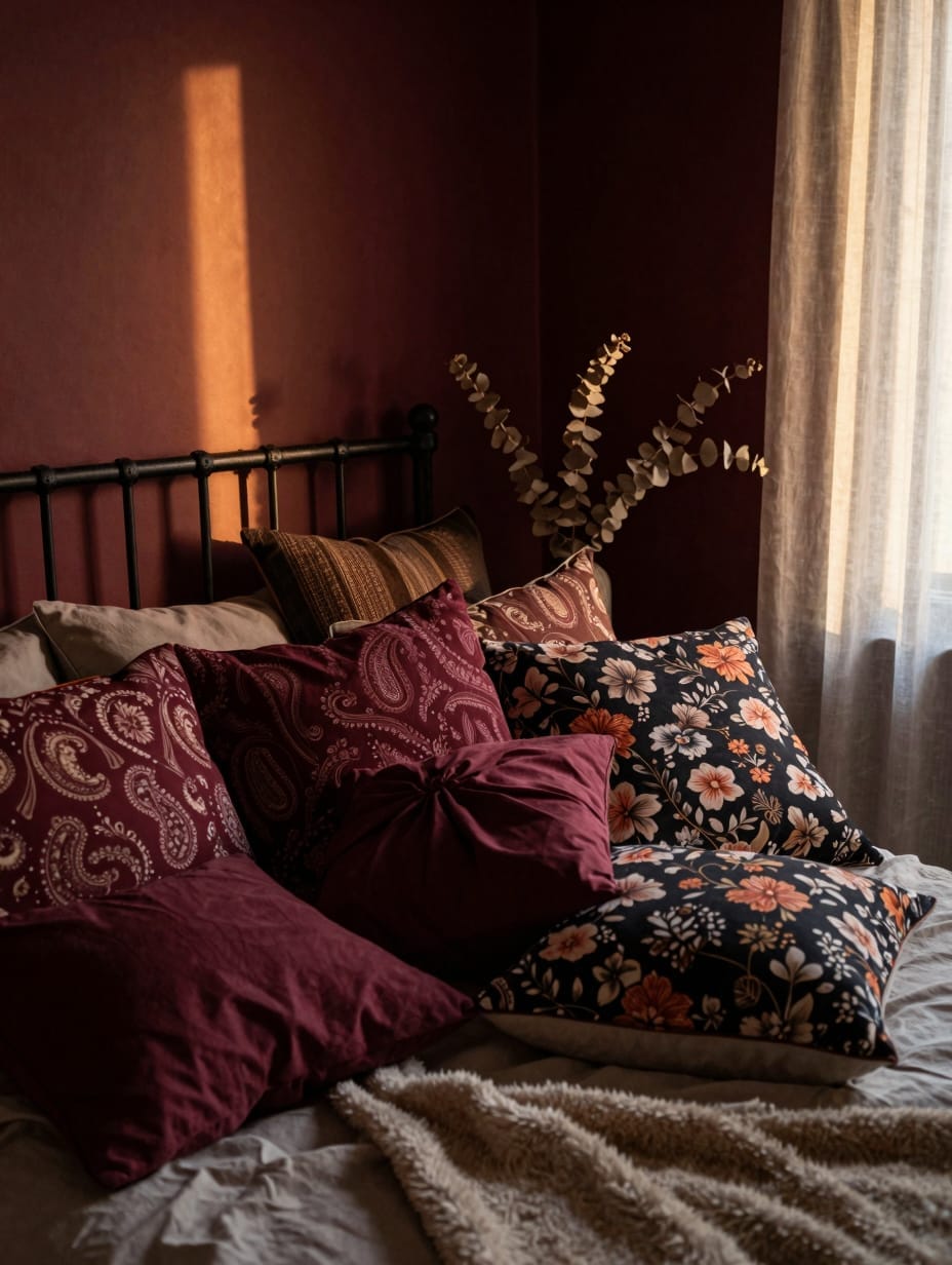 Maximalist bedroom with burgundy patterned rugs, floral quilts, and dark moody walls.
