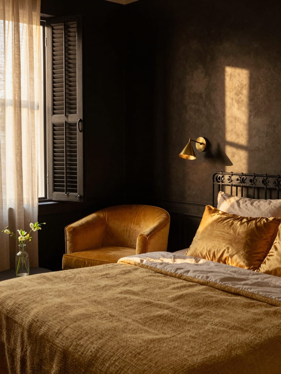 Golden ochre throw blanket on a bed with dark wood furniture and earthy decor.