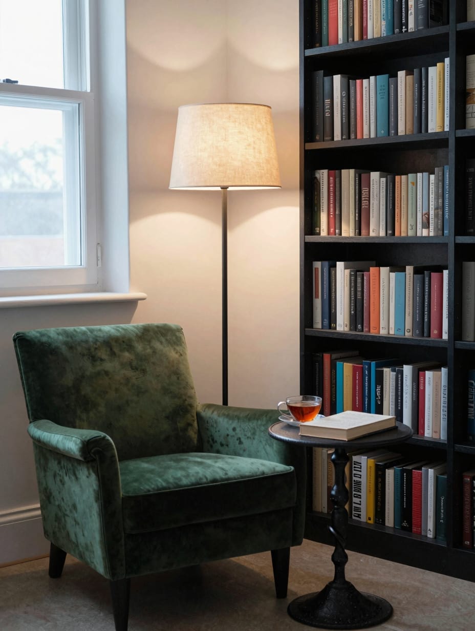 Cozy reading nook in an eclectic living room with a comfortable armchair and books.