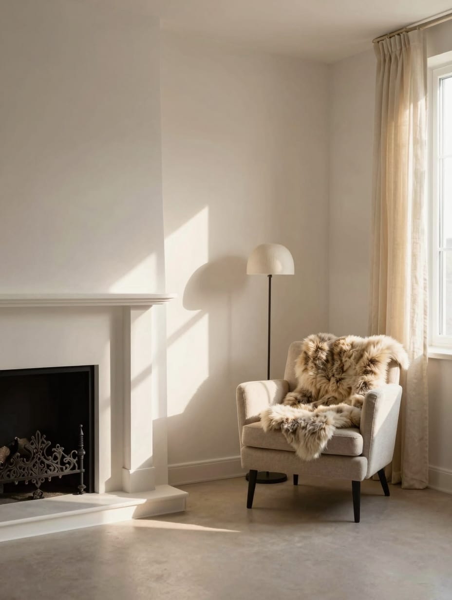 A Hygge-inspired fireplace with white-painted brick, minimalist candle holders, and a natural wood log holder.