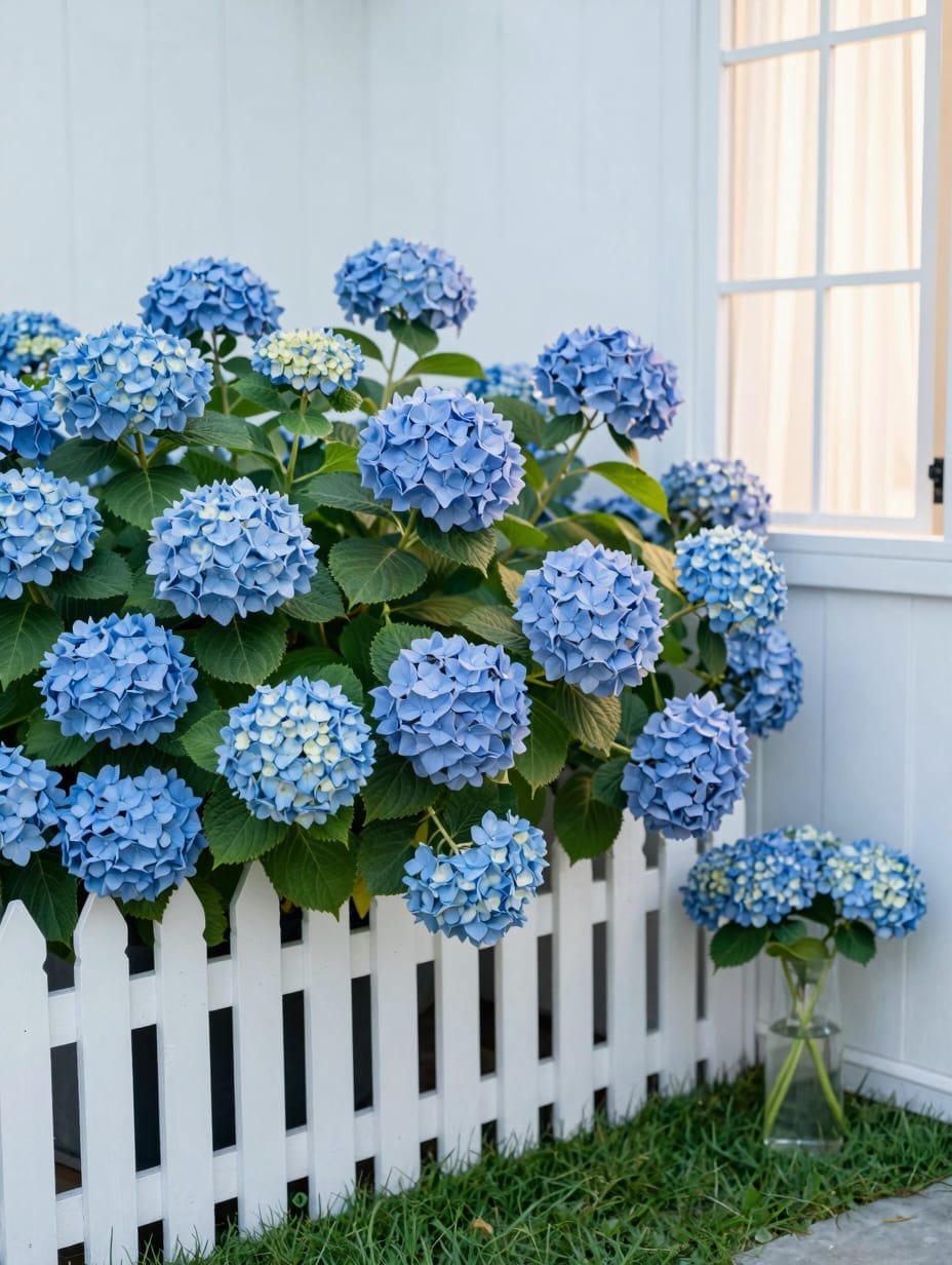 Large blue and pink hydrangea bushes blooming in front of a white wooden porch railing.