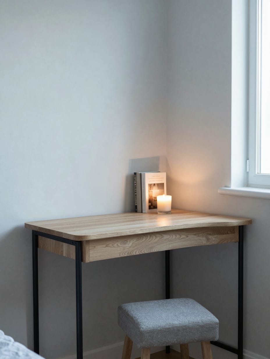 Small wooden corner desk neatly tucked into a bedroom corner, with a cozy chair and a small plant.