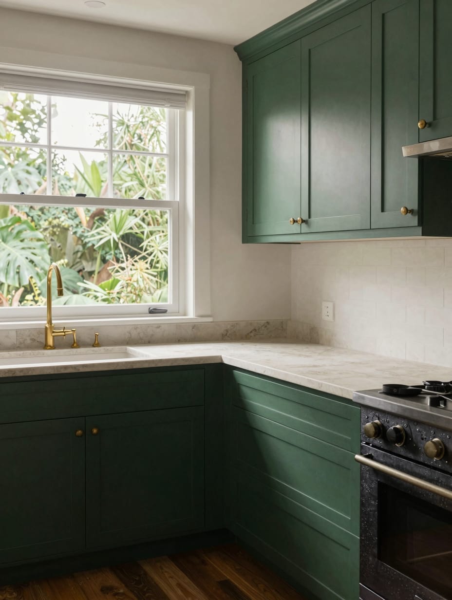 Luxurious kitchen with deep forest green cabinets and white marble countertops