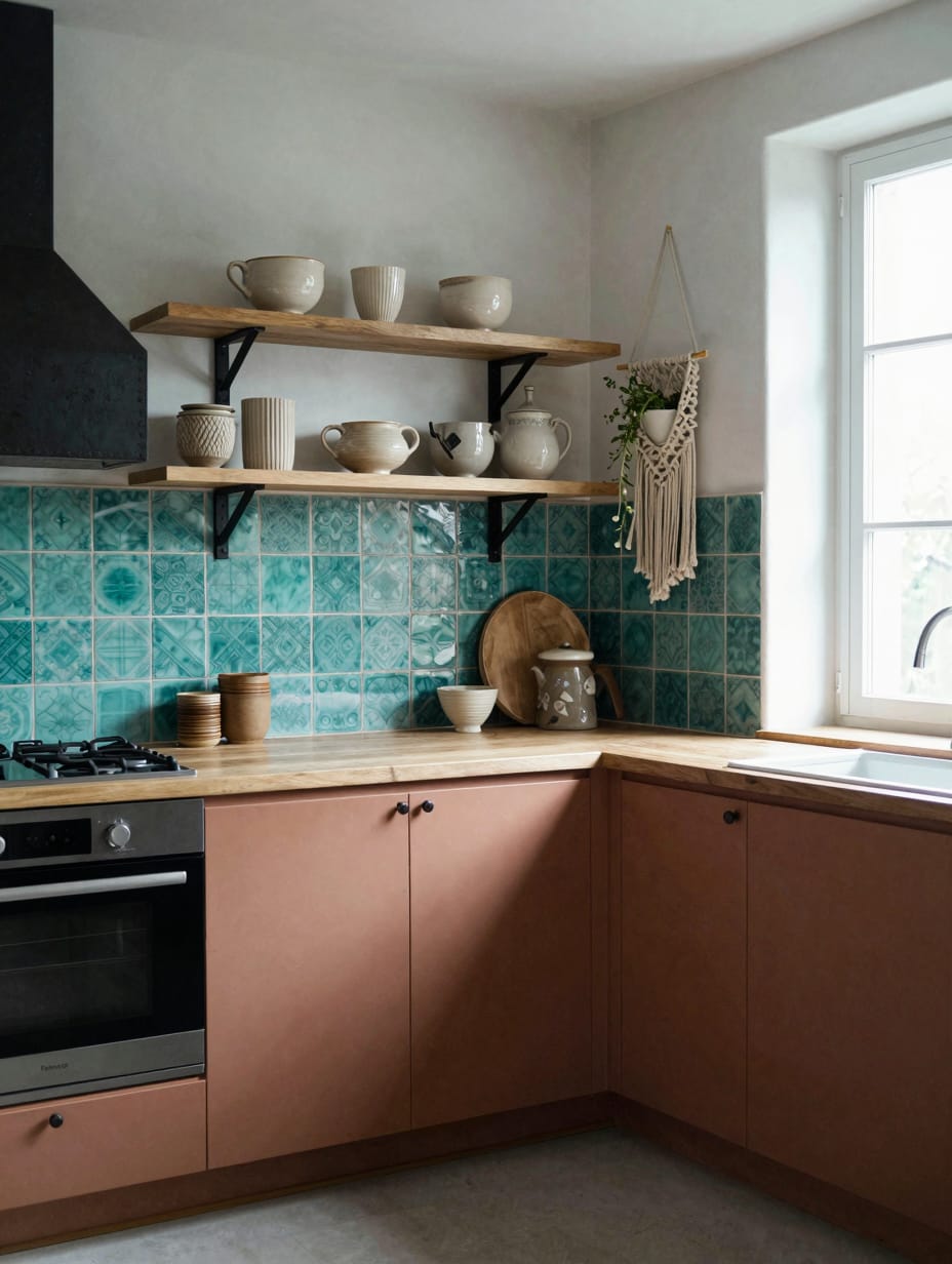 A kitchen with terracotta colored accents and teal cabinets, featuring patterned ceramic backsplash tiles.