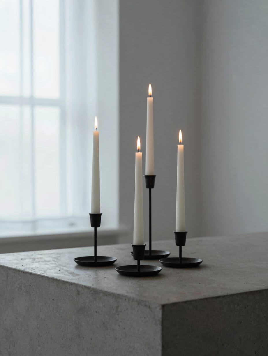 Three white pillar candles of different heights on a minimalist kitchen island.