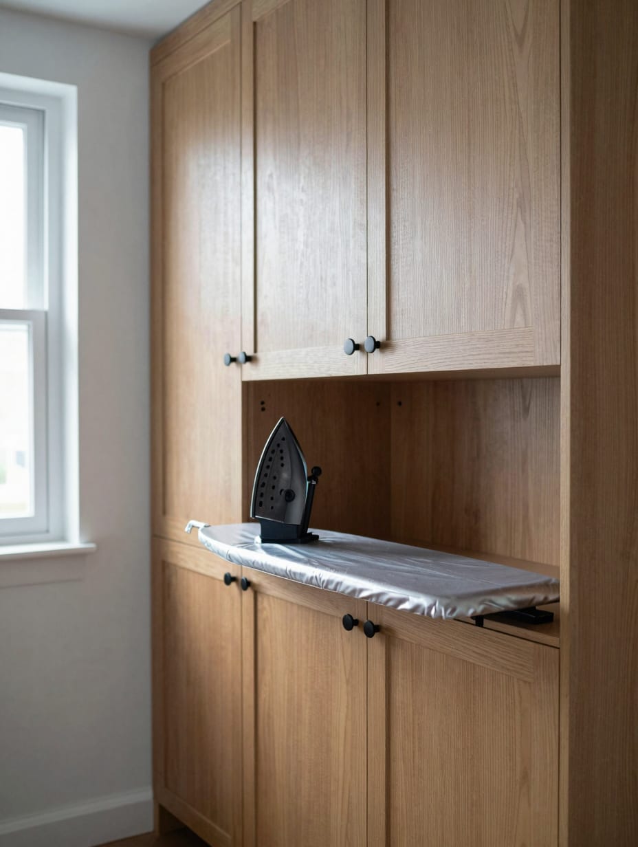 A thick golden oak countertop over a front-loading washing machine.
